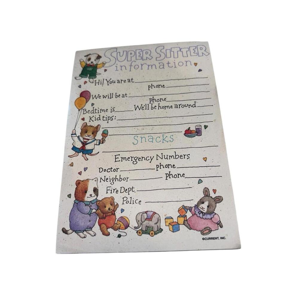 Vintage Current Inc Super Sitter Information Notepad Babysitter Notes 1980s